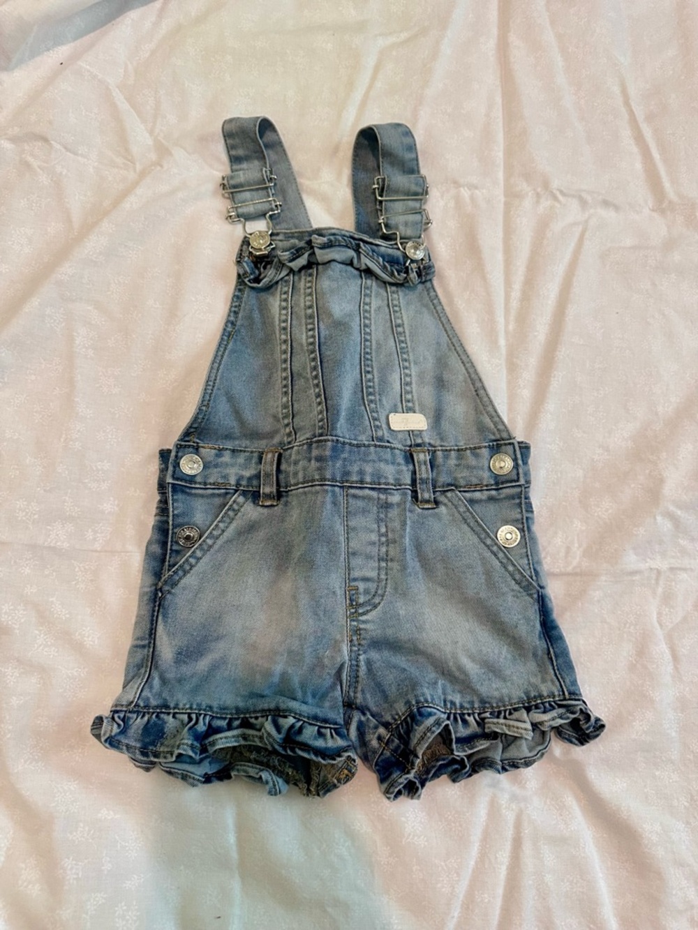 7 For All Mankind Light Blue Denim Ruffle Short Overalls - Kids
